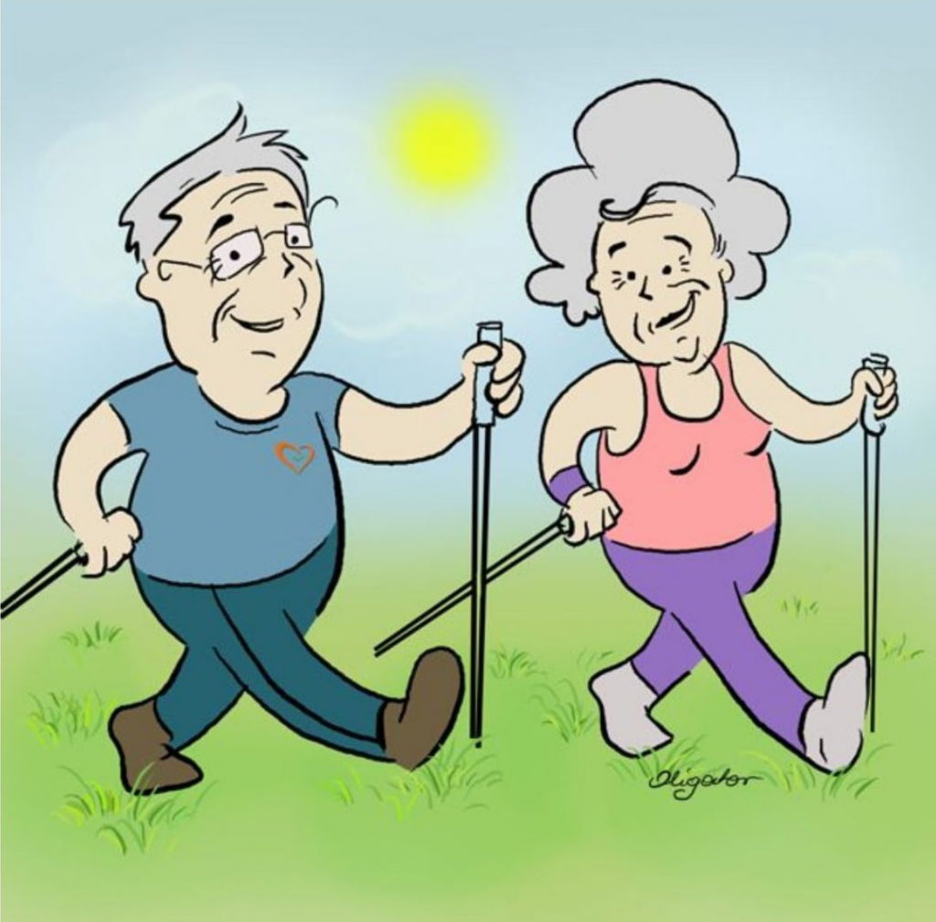 Пенсионеры картинки смешные. Скандинавская ходьба для пожилых. Иллюстрации активных пожилых. Скандинавская ходьба пожилые рисунок.